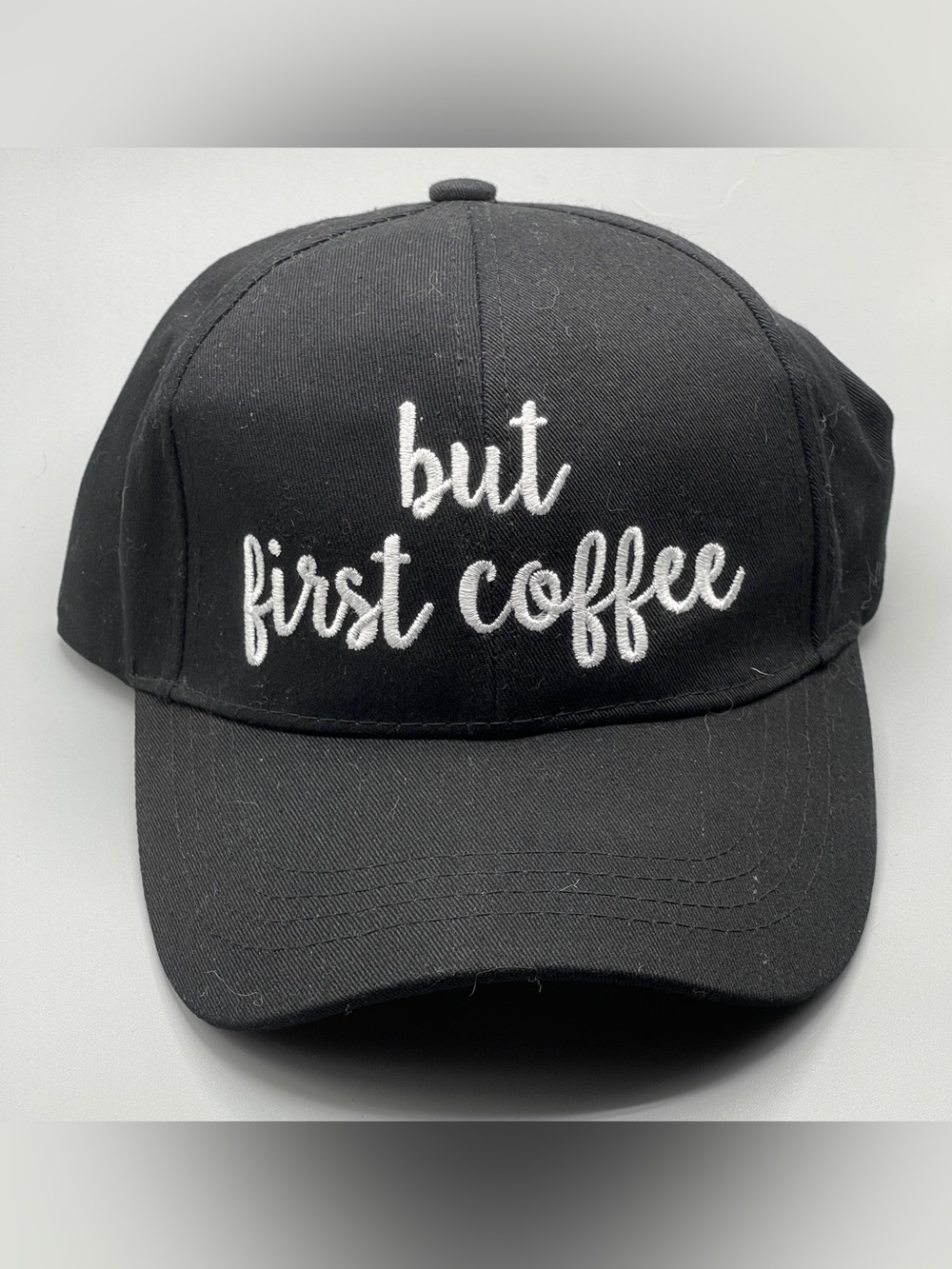 C.C. Exclusives Black Ladies Baseball Hat “But First Coffee” Adjustable W/Logo